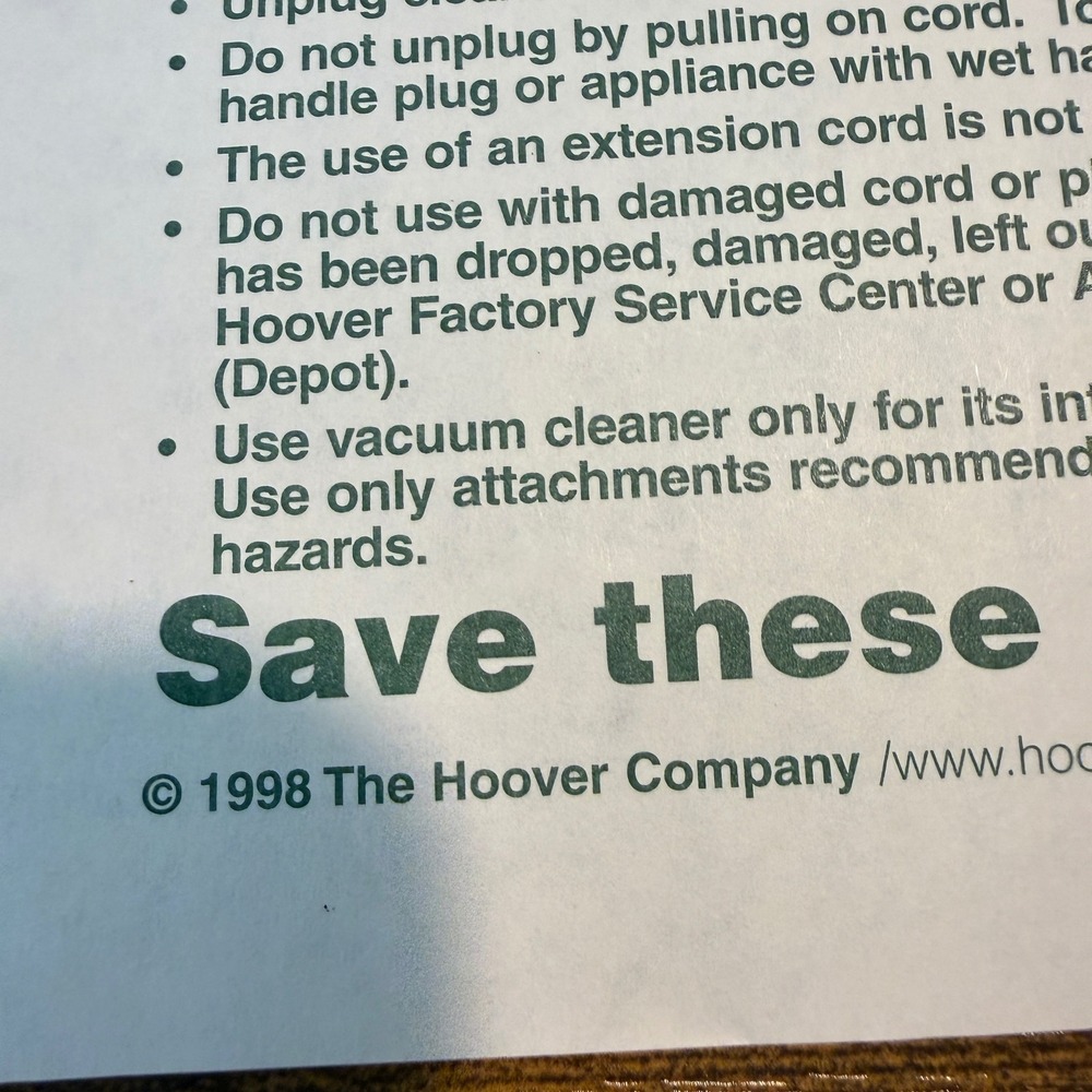 Hoover Self-Propelled WindTunnel Manual Warranty Registration U6425 U6445 1998 - Picture 2 of 7